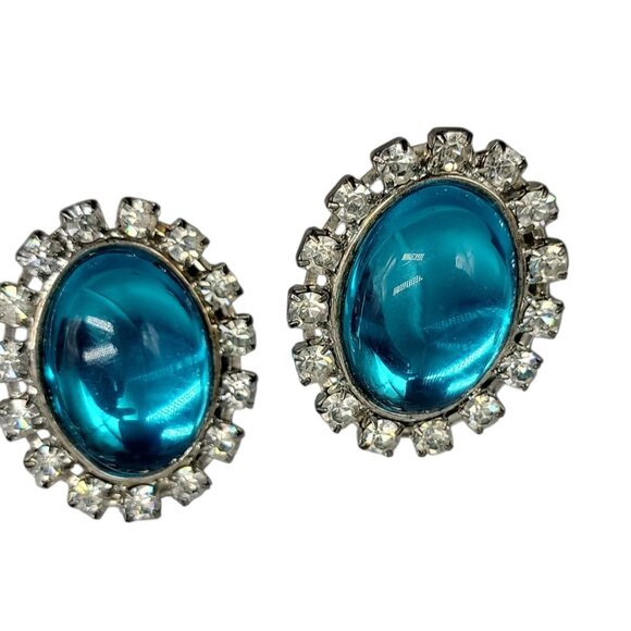 Vintage Oval Blue Translucent Stone Clip On Earrings Rhinestone Halo Silver Tone - Picture 1 of 15